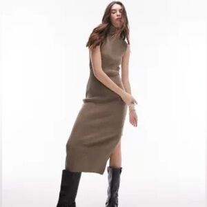 Topshop Knitted Sleeveless Funnel MIDI Dress In Camel